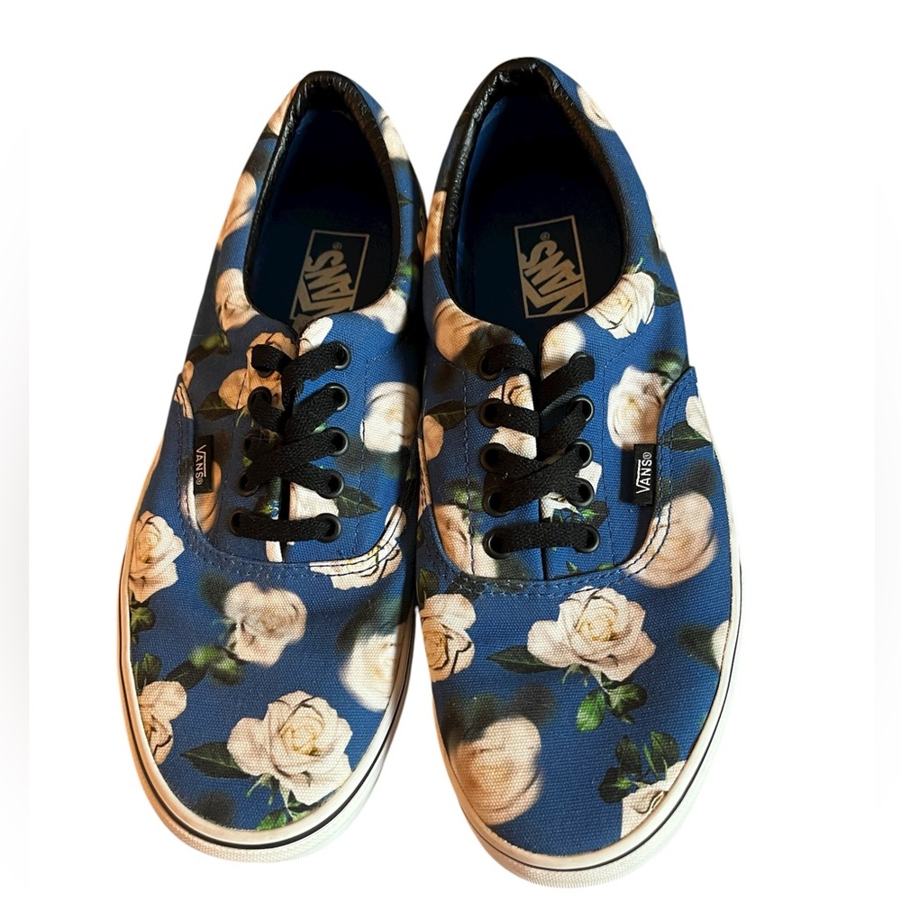 Vans Blue with White Rose Pattern Shoes